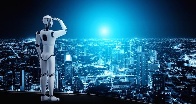 Robot futuriste regardant le panorama de la ville