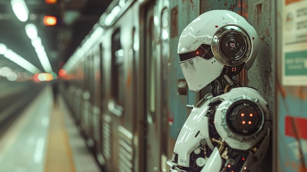 Un robot futuriste se tient à côté d'un train sur le quai du métro. Le robot est élégant et moderne.