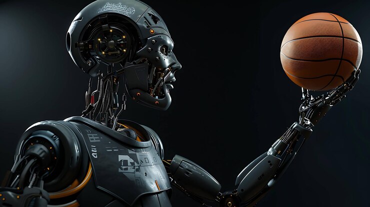Un robot futuriste tient un ballon de basket dans sa main mécanique