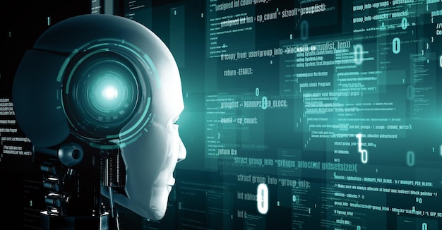 Le robot futuriste Xai, l'intelligence artificielle, la programmation de l'AI humanoïde, le codage