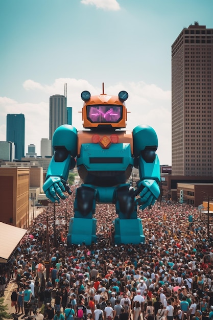 Un robot géant dans une foule de personnes est devant une foule.