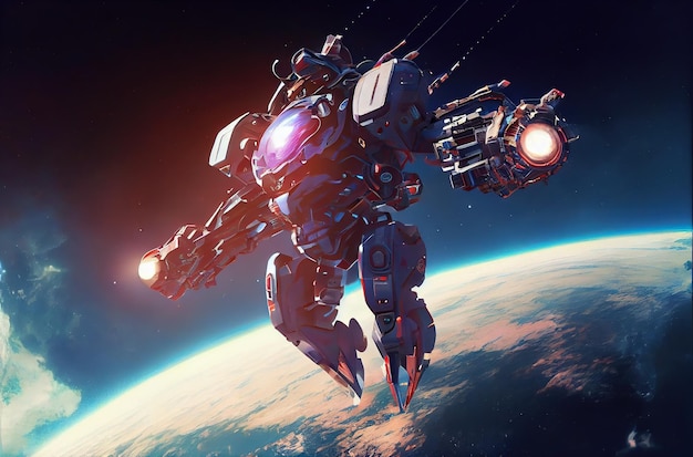 Un robot géant volant dans l'espace Planet background Fantasy