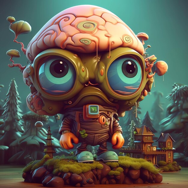 Un robot avec un gros cerveau sur la tête se tient devant une forêt.
