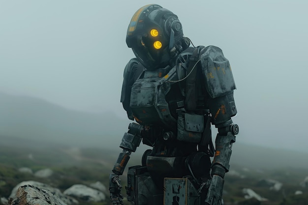Un robot guerrier de combat triste sur un champ dans le brouillard dans un monde apocalyptique dévasté du futur.