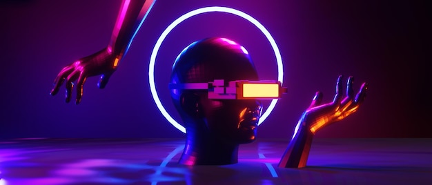 Robot hand abstract backgound jeu vidéo d'esports scifi gaming cyberpunk vr simulation de réalité virtuelle et métaverse scène stand piédestal scène 3d illustration rendu néon futuriste lueur