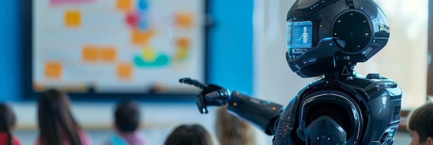 Un robot de haute technologie utilisant un tableau numérique pour enseigner en classe aux jeunes élèves Une IA avancée et une technologie futuriste dans l'éducation Parfait pour les thèmes de l'apprentissage moderne et de l'innovation technologique