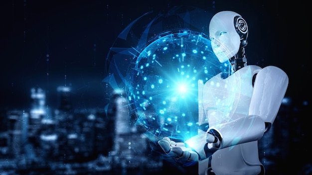Un robot hominoïde IA tenant un écran d'hologramme montre le concept de communication globale