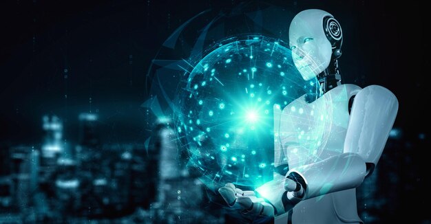 Un robot hominoïde à IA tenant un écran holographique montre le concept de communication mondiale