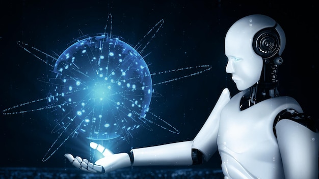 Un robot hominoïde tenant un hologramme montre l'écran le concept de communication mondiale