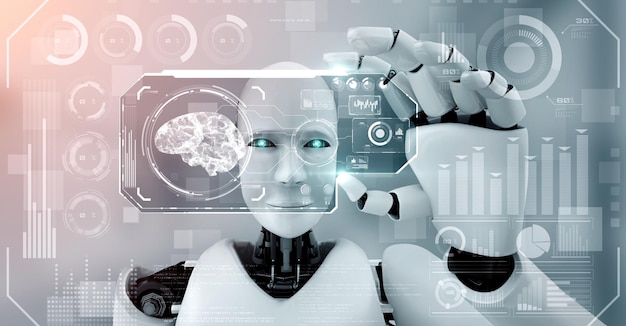 Un robot hominoïde tient un écran holographique HUD dans le concept de cerveau pensant par l'IA