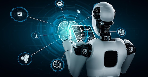 Un robot hominoïde utilisant une tablette dans le concept d'un cerveau pensant AI