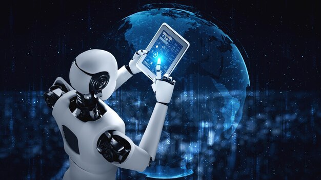 Robot hominoïde utilisant une tablette pour la connexion au réseau mondial