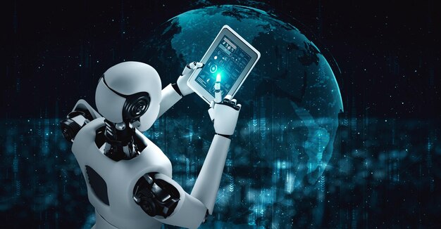Robot hominoïde utilisant une tablette pour la connexion au réseau mondial