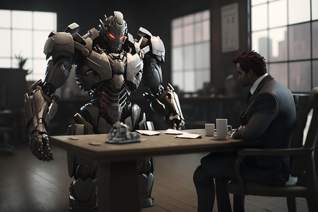 Un robot avec un homme assis à une table dans une pièce sombre avec un homme en costume et une femme en costume.