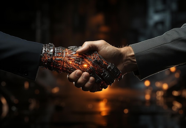 Robot et homme mains dans la poignée de main Développement de la technologie IA et relations humaines robot réalistes