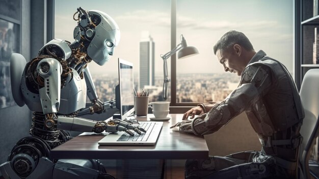 Robot et humain au bureau travaillant ensemble