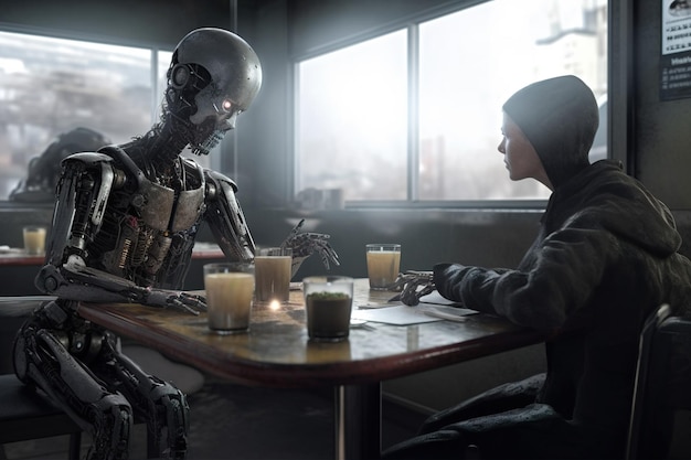 Un robot et un humain discutent assis à table des androïdes humanoïdes IA dans un café IA générative