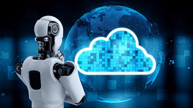 Le robot humanoïde AI utilise la technologie du cloud computing pour stocker des données sur un serveur en ligne