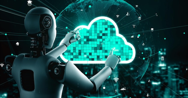 Le robot humanoïde AI utilise la technologie du cloud computing pour stocker des données sur un serveur en ligne