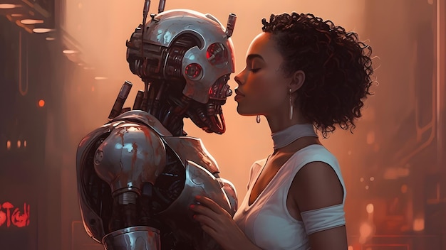 Robot humanoïde amoureux étreignant avec un réseau neuronal de jeune femme adulte afro-américaine généré