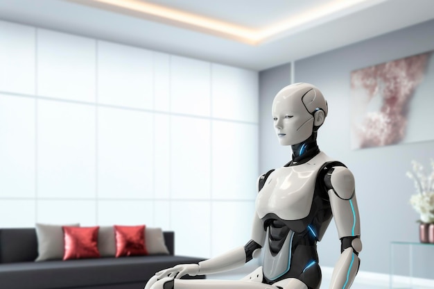 Robot humanoïde collaboratif amical dans le salon intelligent de la maison pour effectuer le nettoyage généré par l'IA