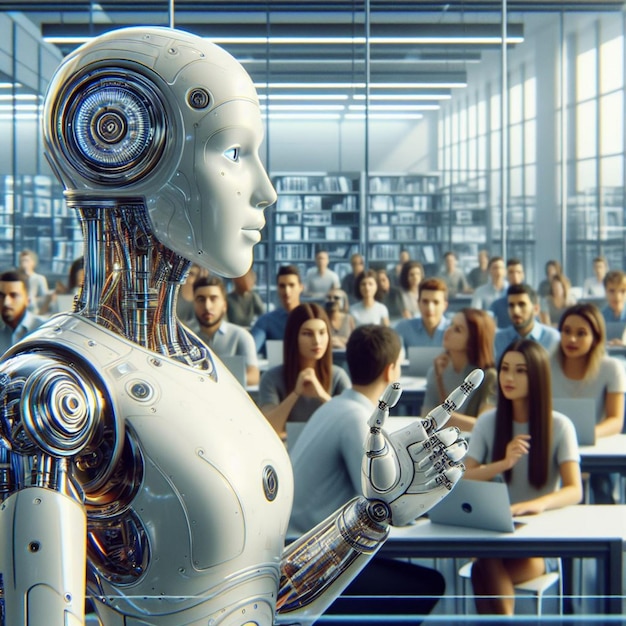 Un robot humanoïde déclenche une discussion. Des expressions complexes façonnent une collaboration futuriste en classe.
