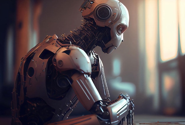 Un robot humanoïde est assis en train de contempler sur le côté d'une rue de la ville Concept de technologie et d'intelligence artificielle AI générative