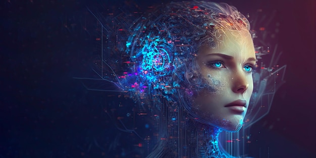 Robot humanoïde féminin visage futuriste IA générative Un espace d'information sur l'avenir technologique Copier