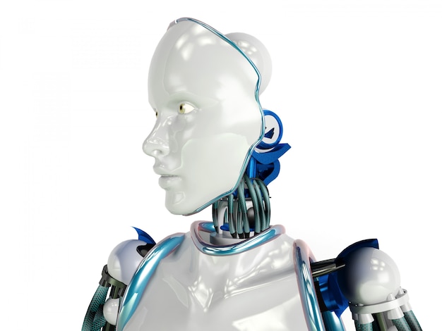 Robot humanoïde futuriste sur fond blanc, rendu 3D