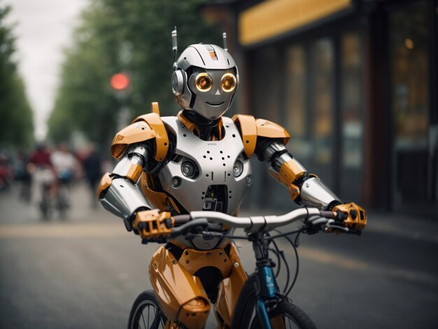 Un robot humanoïde heureux fait du vélo.