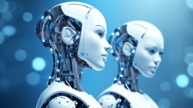 Robot humanoïde homme et femme taille avec ai robotique cybernétique blanc sur fond bleu AI générative