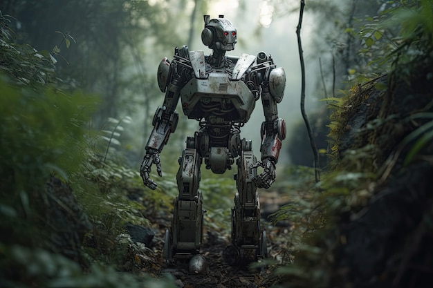 Un robot humanoïde militaire qui marche dans la jungle.