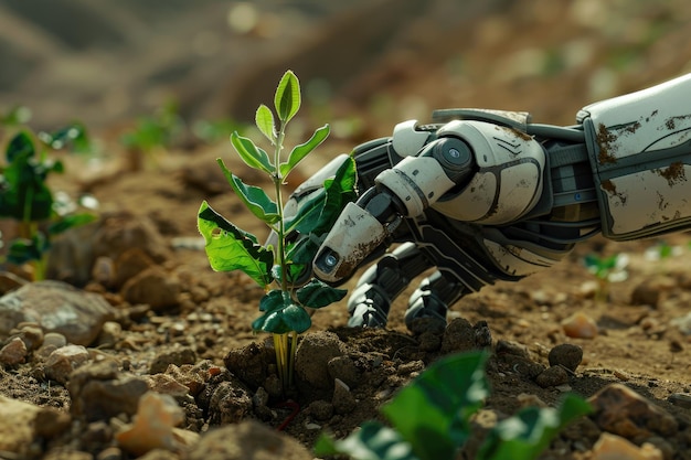 Photo un robot humanoïde plantant une petite plante verte dans le sol