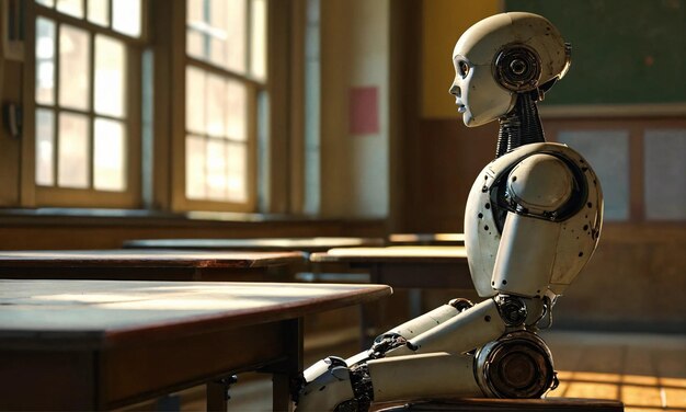 Un robot humanoïde réaliste très détaillé assis pensivement dans une salle de classe vintage