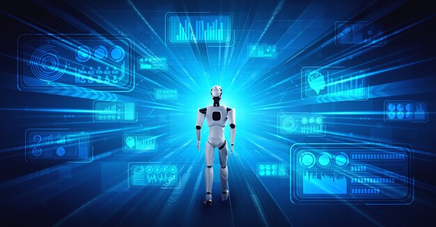 Robot humanoïde de rendu 3D analysant des données volumineuses à l'aide de la pensée IA