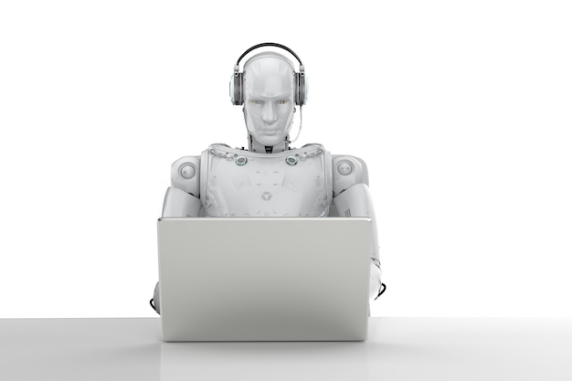 Robot humanoïde de rendu 3D travaillant avec un casque et un ordinateur portable