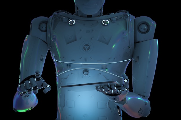 Robot humanoïde de rendu 3D travaillant avec une tablette numérique