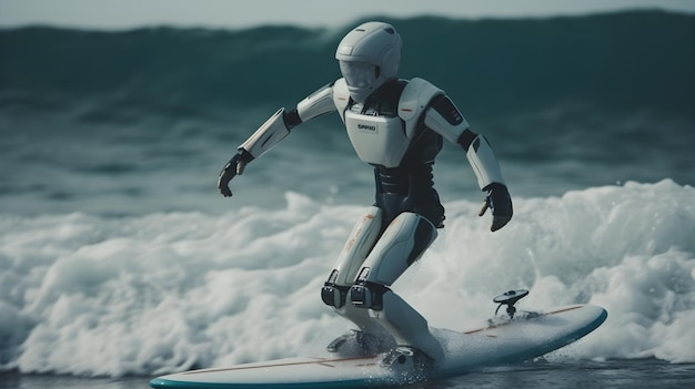 Un robot humanoïde surfe dans la mer.