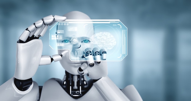 Robot humanoïde tenir écran hologramme HUD dans le concept de cerveau de pensée AI