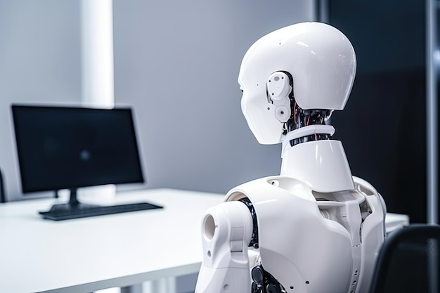 Robot humanoïde travaillant sur un ordinateur dans un bureau moderne rendu 3D robot ai vue arrière du patron de bureau généré par l'IA