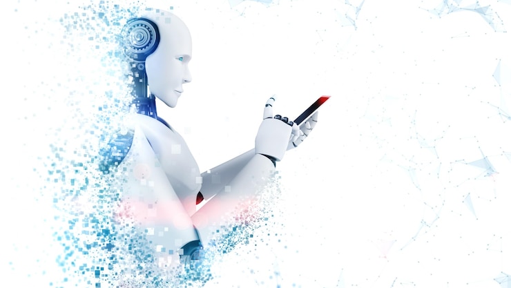 Photo robot humanoïde utilise un téléphone portable ou une tablette pour une connexion au réseau mondial