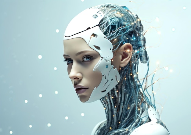 Robot humanoïde avec le visage d'une femme sur un fond blanc copier l'espace pour le texte