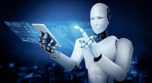 Le robot humanoïde XAI utilise un téléphone portable ou une tablette pour l'analyse de grandes données