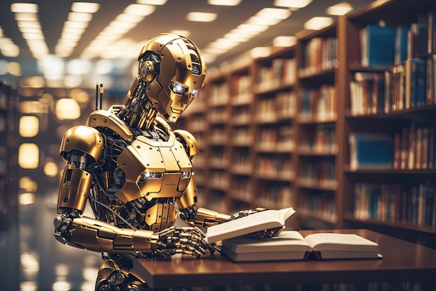 Robot IA assis et lisant un livre dans une bibliothèque générative IA