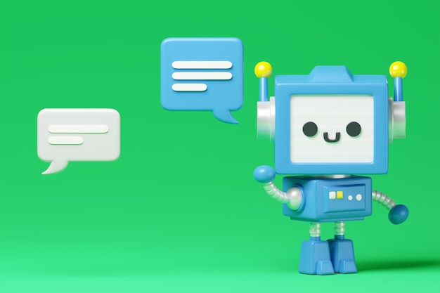Robot IA avec bulle de chat fond vert rendu 3d