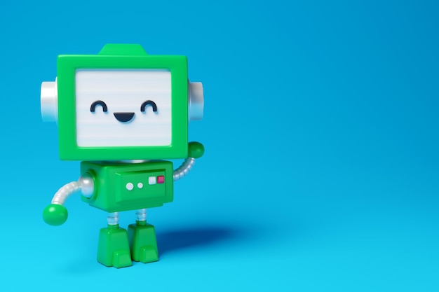 Robot IA souriant fond bleu rendu 3d