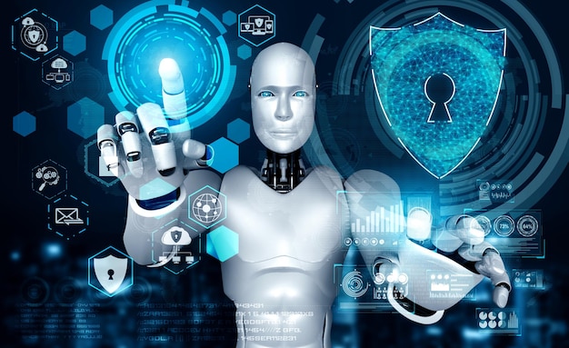 Robot IA utilisant la cybersécurité pour protéger la confidentialité des informations. Concept futuriste de prévention de la cybercriminalité par intelligence artificielle et processus d'apprentissage automatique. Illustration de rendu 3D.