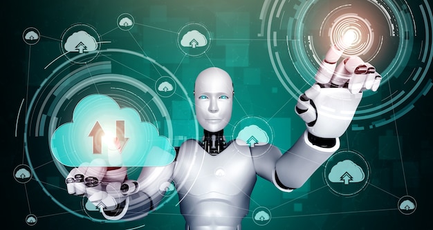 Robot d'IA utilisant la technologie de cloud computing pour stocker des données sur un serveur en ligne