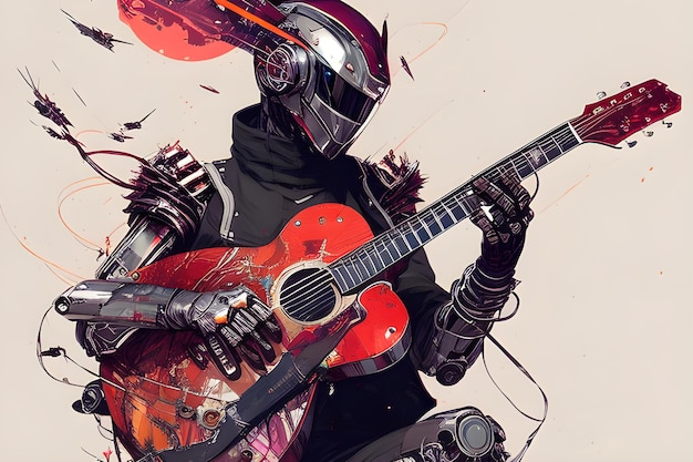 Robot avec une illustration en couleur de guitare Generative AI