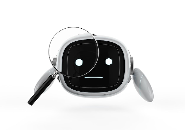 Robot d'intelligence artificielle assistant mignon sans jambe avec loupe